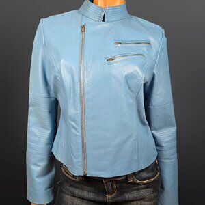 Vintage 90s Y2K Light Blue Leather Moto Cafe Racer Jacket Size M Zippers